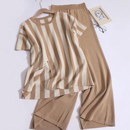 Women's Two Piece Pants Women Spring Summer Chic Striped Split Top Elastic Band Wide Leg Two-piece Set Loose Thin Short Sleeved Pullover