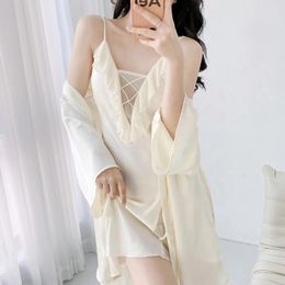 Home Clothing 2PCS Sleepwear Women Robe Strap Ruffles Nightgown Suit Sexy Kimono Bathrobe Gown Satin Intimate Lingerie Summer Loungewear