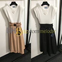 Women Summer Sleeveless Dress Casual Vest Skirts with Belt Fashion Designer Patchword Dresses with Shoulder Pad Ladies A Line Skirt