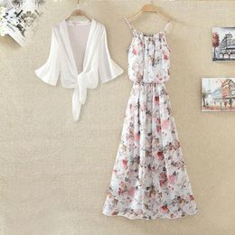 Casual Dresses Flower Print Two-piece Dress For Women's Summer Slim Fit Vacation Fashion Elegant A-line Beach Medium Length Women L13