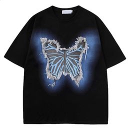 Harajuku Streetwear T Shirt Embroidery Butterfly Patch Cotton Tshirt Men Hip Hop Casual Loose Tee Shirts Summer Fashion Top 240329