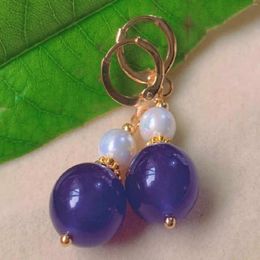 Dangle Earrings Natural Round Purple Chalcedony Pearl Beads Gold Clip-on Unisex Modern Children Custom Handmade Women Men