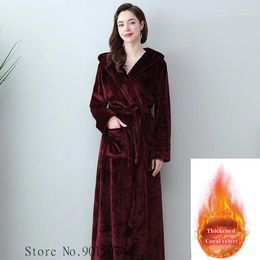 Home Clothing Women Hooded Warm Kimono Bath Robe Extra Long Shower Robes Loose Peignoirs Winter Coral Fleece Bathrobe Cosy Nightgown