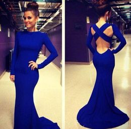 2015 Royal Blue Mermaid Evening Dresses High Neck Long Sleeves Cross Backless Spandex Formal Dresses Long Women Maxi Prom Party Go9837816