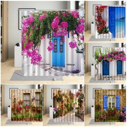 Shower Curtains Town Street Flowers Curtain Blue Wooden Door Spring Italian European Landscape Modern Nordic Home Decor Bathroom