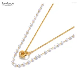 Choker JeeMango Double Layer White Pearl Necklaces For Women Trendy Stainless Steel CZ Crystal Roman Numerals Necklace JN21083