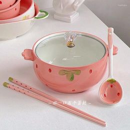 Bowls Strawberry Ceramic Instant Noodle Bowl Ins Wind Ear Soup With Lid Student Dining Cute Girl Tableware Set Of Three.