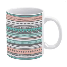 Mugs Grey Peach Teal Tribal White Mug Good Quality Print 11 Oz Coffee Cup Pattern Retro Geometric Bohemian Chic Hippy
