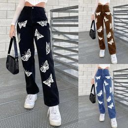 Women's Jeans Women Butterfly Print Retro Wide Leg Pants Casual Straight-leg Middle Waist Pattern Washed Distressed Zipper Long Pant