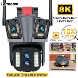 Cameras 16MP 8K WiFi Camera Outdoor Security Cam Four Lens Three Screen 10X Zoom Video Surveillance PTZ Mini CCTV 360° AI Tracking