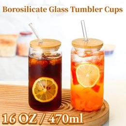 Wine Glasses 16 OZ Glass Cups With Bamboo Lids And Straws Reusable Drinking Tumbler Set For Iced Coffee Espresso Beer Smoothie & Juices