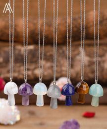 Carved Gemstones Mushroom Pendant Charms Stainlesssteel Chain Women Healing Crystals Figurine Pendant Necklace Jewelry2619481