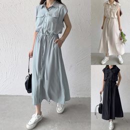 Casual Dresses Patchwork Slim Workwear Womens Button Down Sleeveless Midlength Drawstring Lapel Dress Shirt Skirt With Pockets