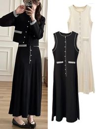 Casual Dresses Women Long Dress Pearl Decoration Waistband Spring Summer O-Neck Sleeveless Elegant Robe