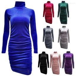Casual Dresses Women Elegant Long Sleeve Ruched Bodycon Mini Dress High Neck Short Party Cocktail Sexy Pencil Dropship