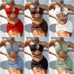 Women'S Swimwear Womens Solid Tie Up Dstring Bikini Set Swimsuit Reverse Wear Three-Piece Split Foreign Drop Delivery Apparel Clothin Dhisz