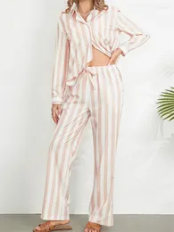 Home Clothing CHRONSTYLE Women Striped Print 2 Pieces Pyjama Sets Long Sleeve Button Down Shirts Tops With Pockets Pants Sleep Loungewear