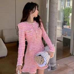 Casual Dresses 2024 Spring And Summer Red Pink Plaid Sweet Knitted Round Neck Long-sleeved Dress