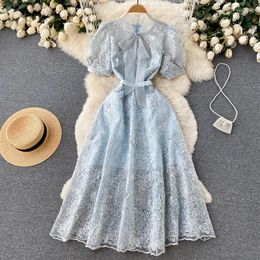 Party Dresses Summer Runway Blue Lace Flower Embroidery Dress Women Short Puff Sleeve Mesh Bow Tie Collar Beading Buttons Vestidos