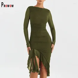 Casual Dresses Prowow Elegant Mesh Women's Dress Long Sleeve Ruffle Irregularity Hemline Birthday Party Evening Wear Solid Slim Fit Outfits