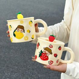 Mugs Cute Cartoon Fruit Girl Ceramic Coffee Cup With Lid Home Breakfast Milk Juice Mug Holiday Gift For Children