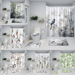 Shower Curtains Chinese Simple Bamboo Curtain Bird Black And White Painting Modern Luxury Non-slip Mat Bathroom Decoration Set