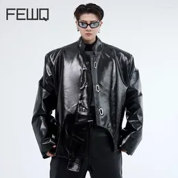 Men's Jackets FEWQ Coat Casual Solid Color Short PU Leather Jacket Chinese Style Stand Collar Liquid 2024 Trend Long Sleeve 9C5228