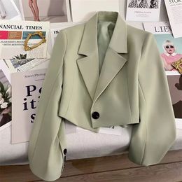 Korean Cropped Blazers Women Autumn Solid Colour Simple Single-button Outwear Teens All-match Long Sleeve Office Lady Suit Jacket 240402