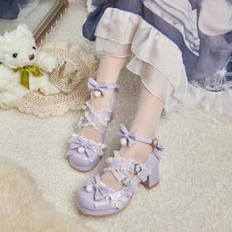 Dress Shoes Lolita Style Bowknot Student Cute Sweet Girl Love Lace Edge Kawaii Pumps Violet Breathable Elegant Mary Jane