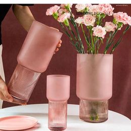 Vases Pink Frosted Texture Glass Vase Modern Minimalist Creative Cylindrical Hydroponic Flower Arrangement Accessories Home Decoration