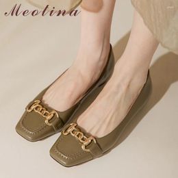 Casual Shoes Meotina Women Genuine Leather Square Toe Flat Metal Decoration Chain Heels Ladies Autumn Spring Fashion White Green