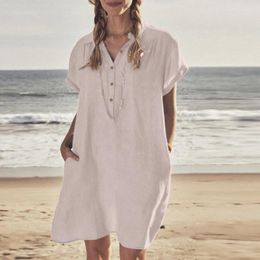 Casual Dresses Ladies Cotton Linen Summer Shirt Dress Retro Solid Colour V Neck Button Pocket Mini Harajuku Simple Beach