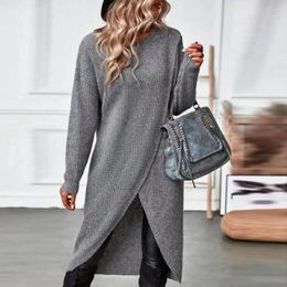 Casual Dresses Women Dress Knitted Split Hem Sweater For Warm Winter Long Sleeve Mid Length Soft Thick Irregular Loose Fit