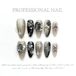 Party Favour 10 Pcs Handmade Nails Y2k Alloy Rose Diamond Decor Punk Gothic Style Cool Black Detachable Almond Nail Tips Full Cover Manicure