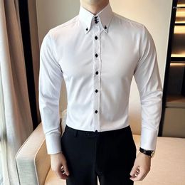 Men's Dress Shirts Male Korean Slim Long Sleeve Shirt Fashion Casual Personality High Neck Solid Colour Business Social Formal