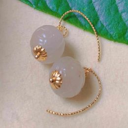 Dangle Earrings Fashion Natural White Round Hetian Jade Sculpture Gold Everyday Teens Clip-on Drop Platinum Custom Party Handmade