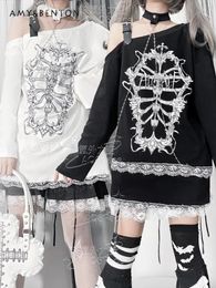 Women's T Shirts Gothic Subculture Patchwork Graphic Sweet Girl Sexy Off-Shoulder Lace Stitching Long Sleeve Tops Harajuku Y2k Top