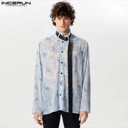 Men's Casual Shirts INCERUN Tops 2024 American Style Printing Chiffon Slightly Transparent Personality Long Sleeved Blouse S-5XL