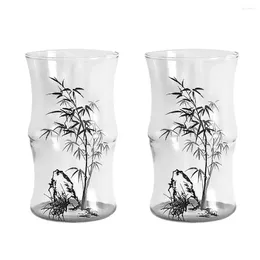 Wine Glasses 412ML 1/2PCS Ink Painting Bamboo Mug Coffee Milk Drinking Transparent Water