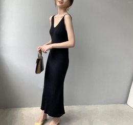 Casual Dresses 2024 Women Sexy V-Neck Sleeveless Long Dress Solid Color Knitted Material High Stretch Bodycon Sweater Vestidos