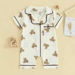 Född Baby Boy Girl Cotton Linen Jumpsuit Lapel Short Sleeve Bear Print Bodysuit Summer Overalls PlaySuit 240325