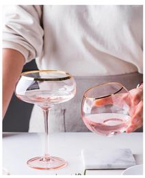 Wine Glasses Pink Lateral Ribbed Champagne Red Ice Cream Crystal Glass Cup Goblet Tumbler Set With Gold Rim