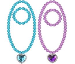 Beads Necklace and Bracelet Set for Kids Girls Jewelry with Crystal Heart Pendant Dress Up Pretend Play Party Favor Pink Blue Purp6082193
