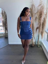 Work Dresses 2 Piece Outfit Set Women Denim Y2k Strapless Strap Top And Mini Skirt Skinny Sexy Elegant Wholesale Drop