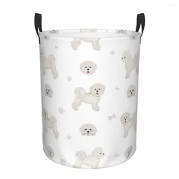 Laundry Bags Folding Basket Cute Bichon Frise Round Storage Bin Large Hamper Collapsible Clothes Toy Bucket Organiser