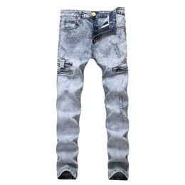 Jeans masculinos Lápis Men jeans da cintura elástica alta desgastada esbelta neve pálida bolso de bolso de bolso de piche