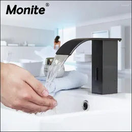 Bathroom Sink Faucets Automatic Hands Touch Free Sensor Soild Brass Black ORB Waterfall Wash Basin Mixer Tap Faucet Water