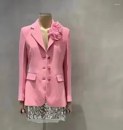 Women's Suits Luxury Handmade Three-dimensional Rose Pink Blazer Real Silk Lining Long Sleeve Embroidery Slim White Jacket