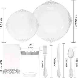 Disposable Dinnerware 175PCS Clear Silver Plastic Plates -Include Cups Forks Knives Spoons Napkins For Wedding