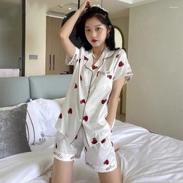 Home Clothing Women Sleepwear Pajamas Set Strawberry Print Short Sleeve Pijamas Suit Trouser Spring Summer Silk Satin Clothes Lounge Wear